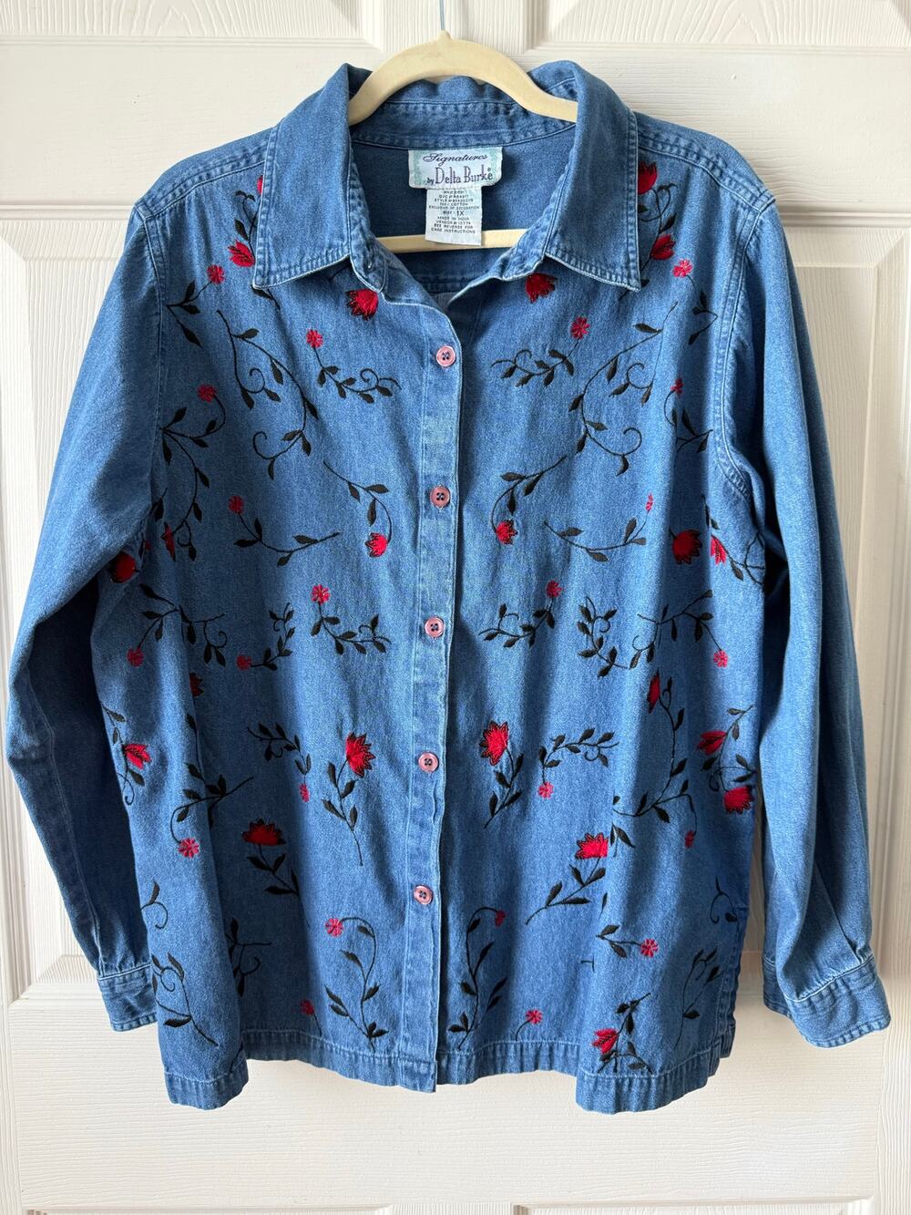 Signatures by Delta Burke Floral Embroidered Denim Chambray Shirt 1X Festival